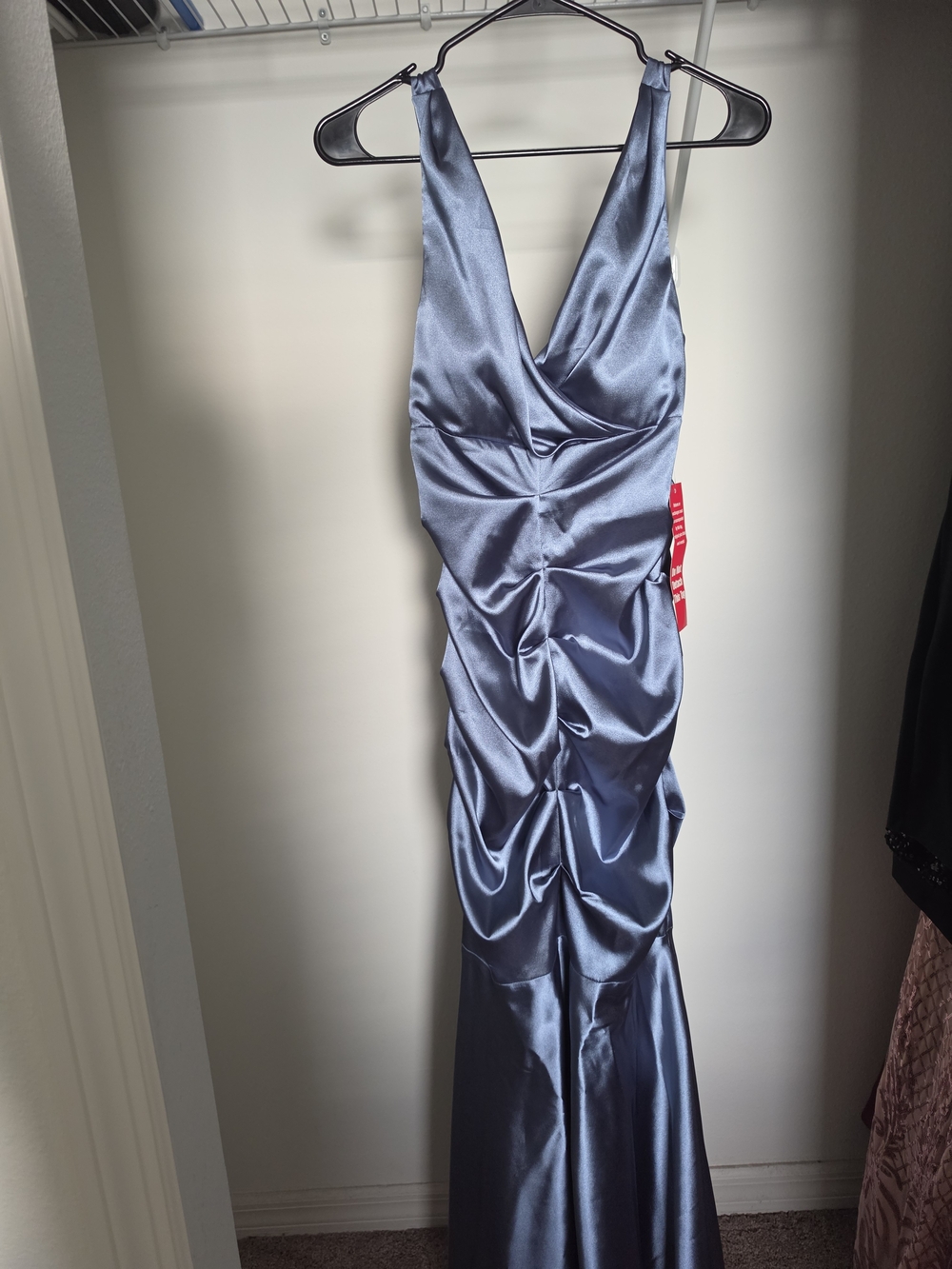 Xscape Steel Blue Satin V-Neck Ruched Maxi Dress